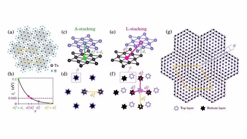Figure from the paper “Moiré Mott correlated mosaics in twisted bilayer 1T-TaS2”: (a) CCDW atomic structure of monolayer 1T-TaS 2 (top view), depicting the closest bonds between Ta atoms