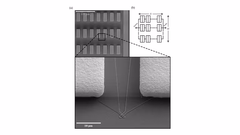 Figure from the paper “Cryogenic wafer probing below one Kelvin: characterization of normal-metal Coulomb blockade thermometers at wafer scale”: (a) Scanning electron micrograph of part of the CBT array