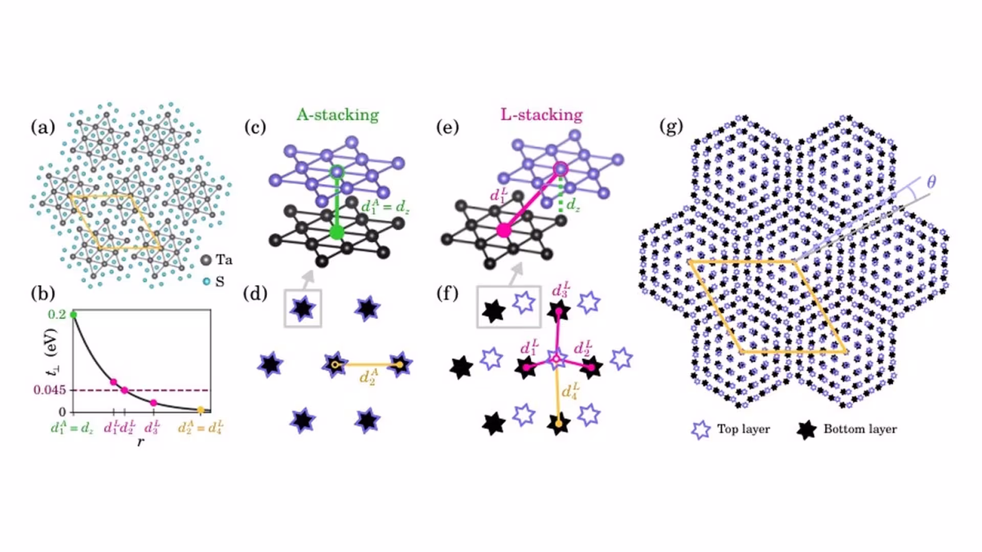 Figure from the paper “Moiré Mott correlated mosaics in twisted bilayer 1T-TaS2”: (a) CCDW atomic structure of monolayer 1T-TaS 2 (top view), depicting the closest bonds between Ta atoms